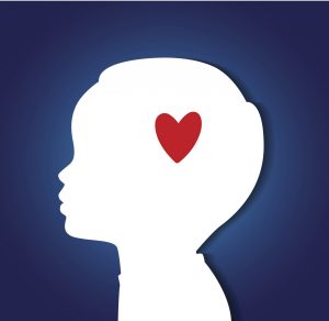 white profile of a child with a red heart over the head