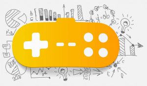 video game joystick surrounded by charts, graphs and lightbulbs