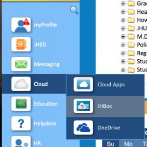A screenshot of the my.jh.edu menu showing JHBox