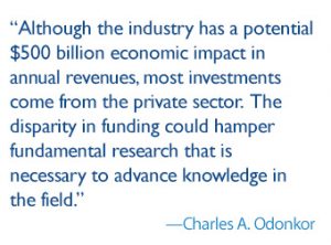 quote: Although the industry has a potential $500 billion economic impact in annual revenues, most investments have come from the private sector. The disparity in funding could hamper fundamental research that is necessary to advance knowledge in the field.