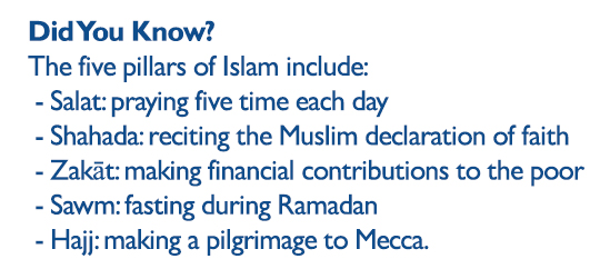 Did You Know? The five pillars of Islam include: - Salat: praying five time each day - Shahada: reciting the Muslim declaration of faith - Zakāt: making financial contributions to the poor - Sawm: fasting during Ramadan - Hajj: making a pilgrimage to Mecca. 