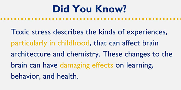 Toxic stress describes the kinds of experiences, particularly in childhood, that can affect brain architecture and chemistry. These changes to the brain can have damaging effects on learning, behavior and health.