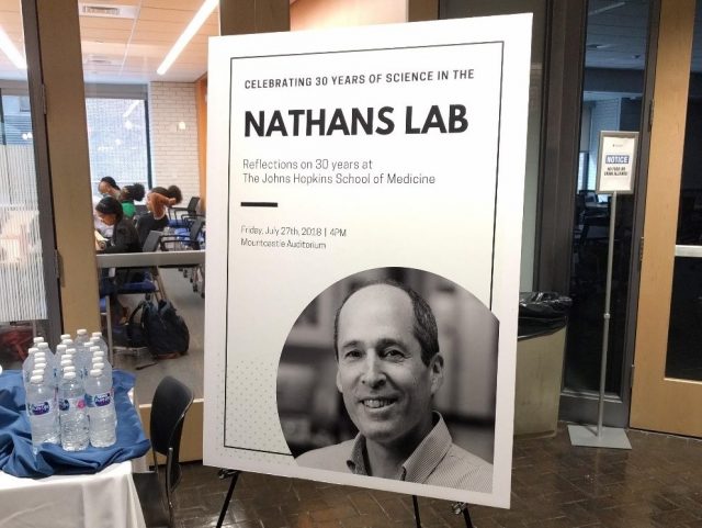 Signage promoting The Nathans Lab 30th birthday celebration.