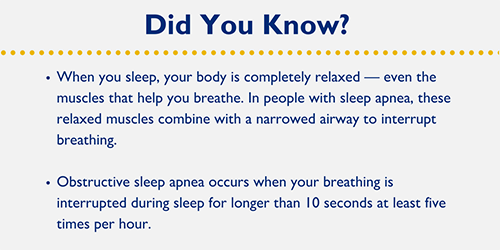 • When you sleep, your body is completely relaxed — even the muscles that help you breathe. In people with sleep apnea, these relaxed muscles combine with a narrowed airway to interrupt breathing. • Obstructive sleep apnea occurs when your breathing is interrupted during sleep for longer than 10 seconds at least five times per hour.