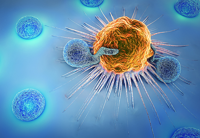 A 3D illustration of a cancer cell and lymphocytes.