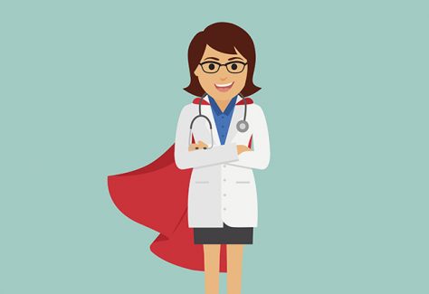 Doctor superwoman. Female doctor with a red cape. Vector illustration.