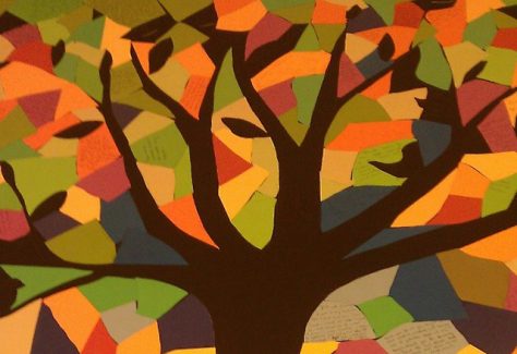 A mosaic of colorful papers, forming the image of a tree, made by Pranoti and her classmates.