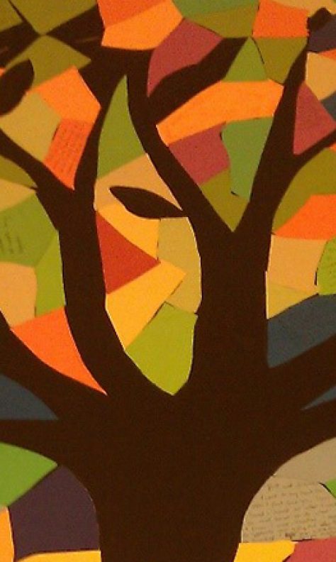A mosaic of colorful papers, forming the image of a tree, made by Pranoti and her classmates.