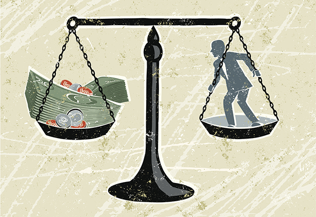 An illustration of a set of scales weighing a businessman and a stack of money.