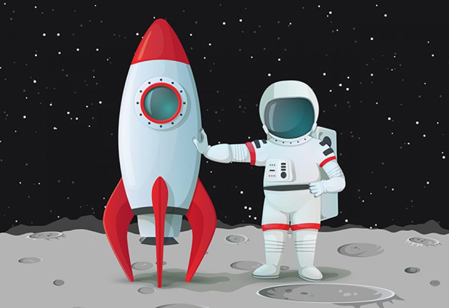 Astronaut on the surface of the moon standing near the rocket ship and touching it with one hand and with other hand akimbo with dark sky and stars in the background. Vector space icon.