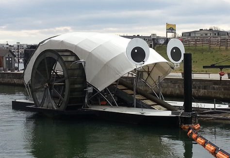 A photo of Mr. Trash Wheel in Baltimore's Inner Harbor.