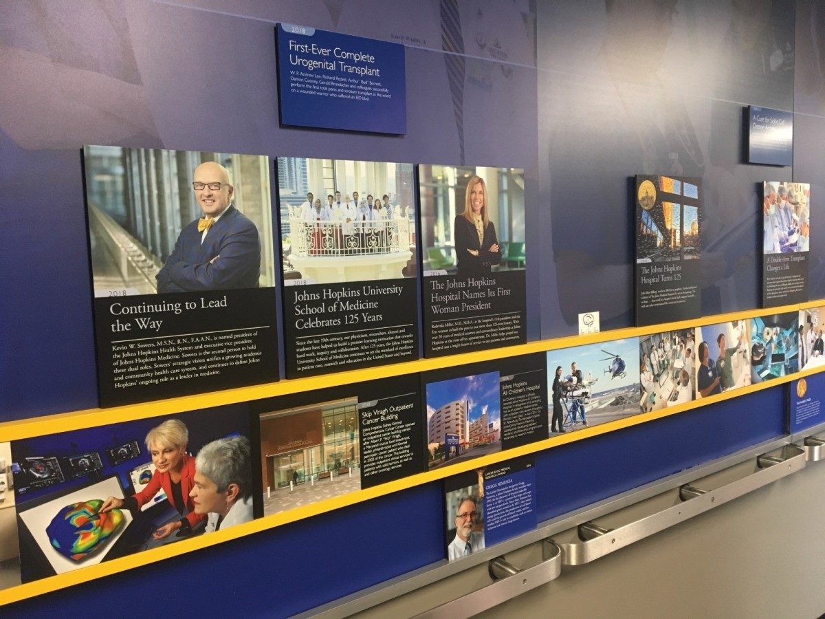 A display showing a timeline of Hopkins history.