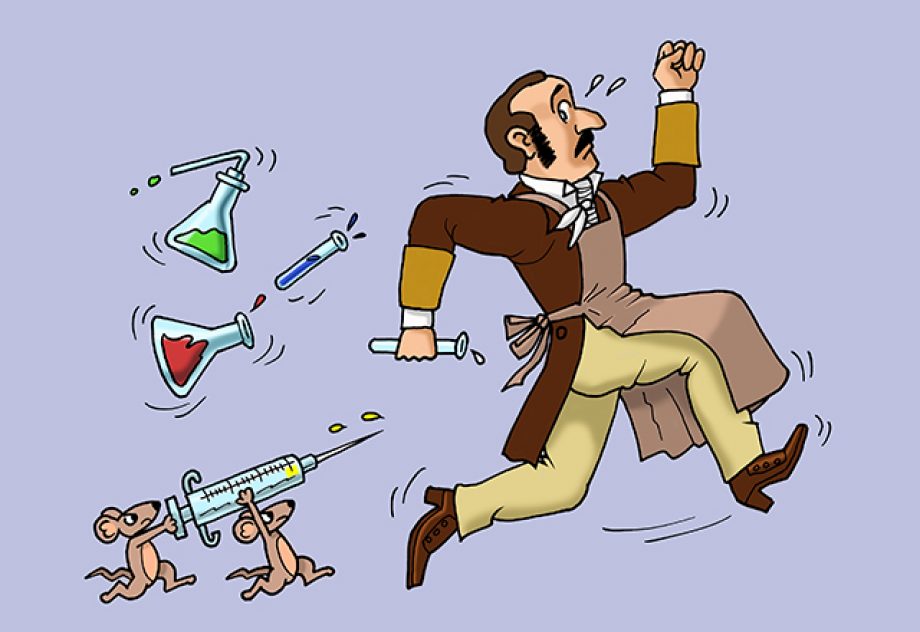 An illustration of two laborator mice chasing a scientist.