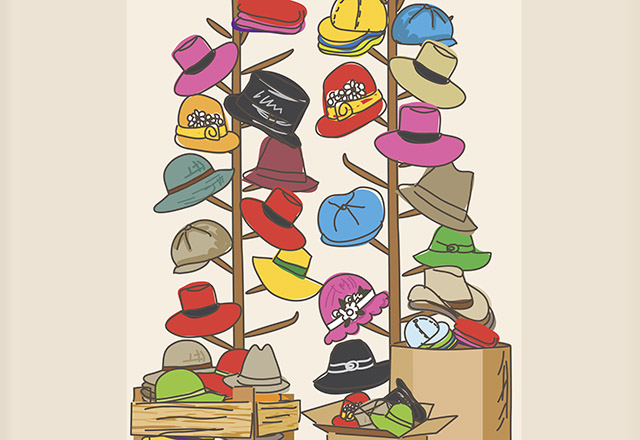 An illustration of racks of hats in the back with boxes and bins in the front.