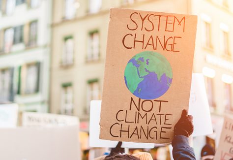 A demonstrater holds up a sign that says, "System change, not climate change."