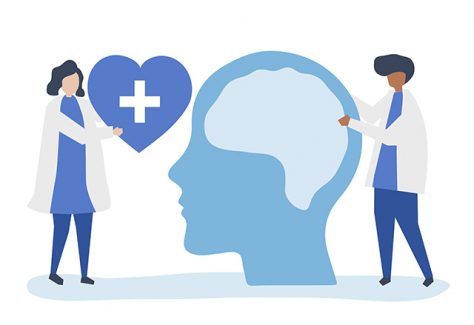 An illustration of two doctors standing on either side of a large brain.