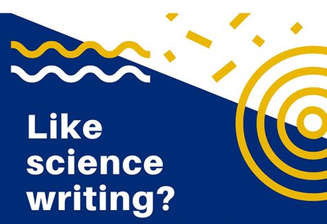 The words "Like science writing?" laid over a bold geometric pattern.