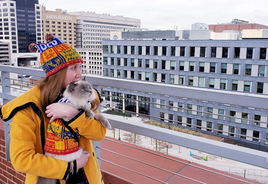 The author and her cat enjoy Baltimore views while wearing matching knit apparel.