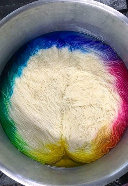 Wool in the beginnings of the dye process.