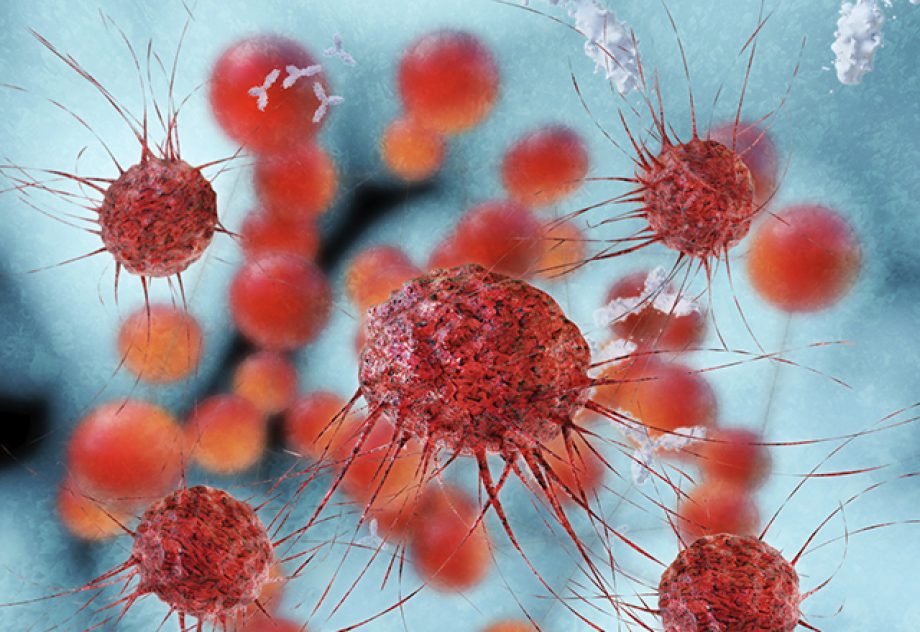 A rendered illustration of cancer cells.