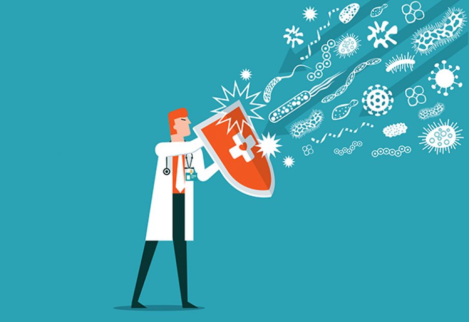 An illustration of a doctor holding a shield, protecting from virus, germs and bacteria.