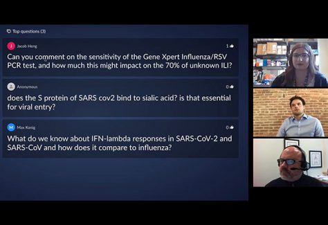 A screenshot from the livestream showing Resnick, Loevinsohn and Peskosz taking questions from the audience.