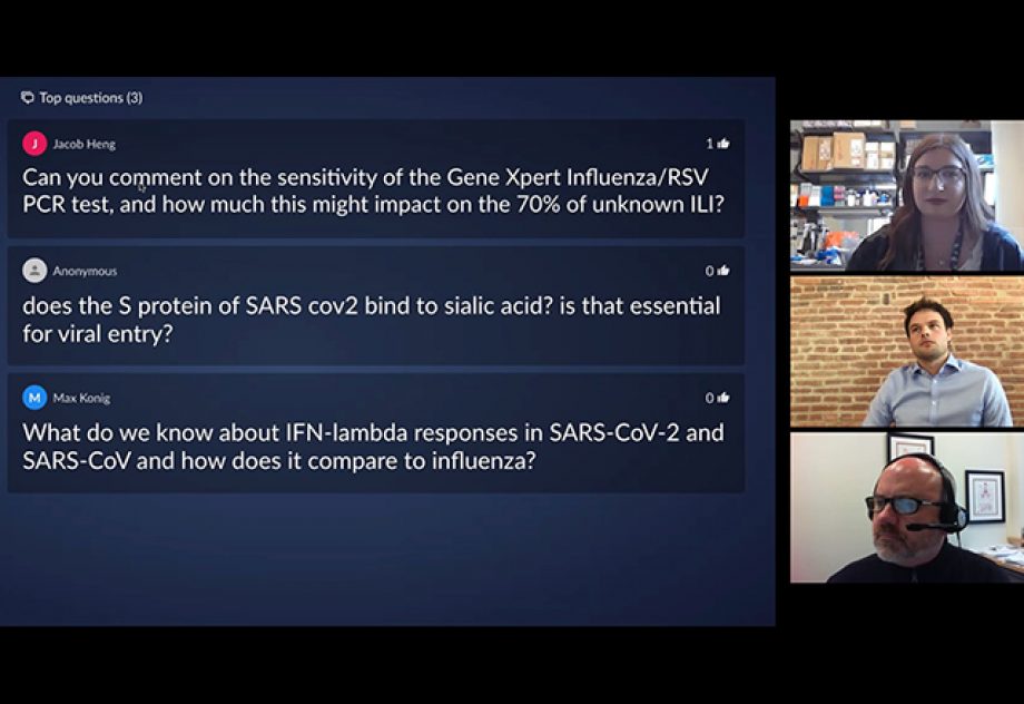 A screenshot from the livestream showing Resnick, Loevinsohn and Peskosz taking questions from the audience.