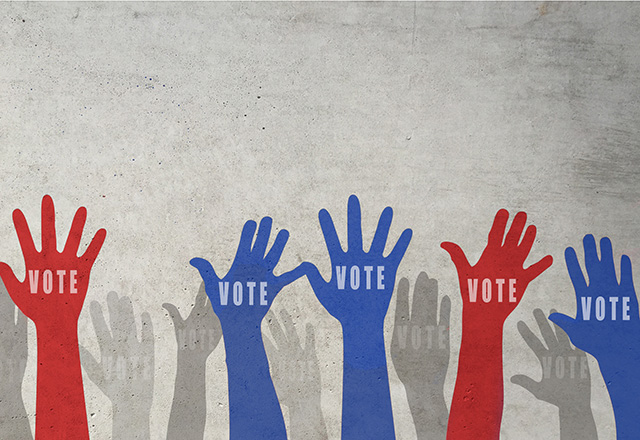 Silhouettes of raised hands in red, blue, and gray with "VOTE" written on the palms.