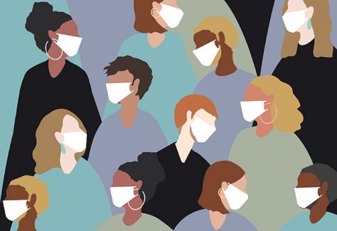 An illustration of a crowd of people wearing medical face masks.