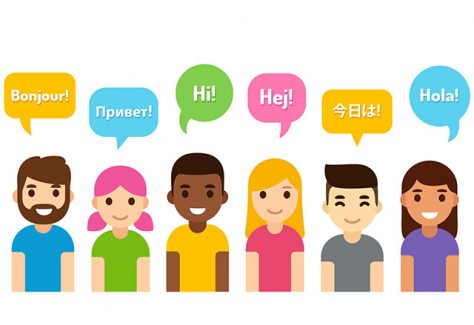 An illustration of diverse people saying "hello" in different languages.