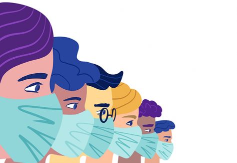 An illustration of a group of people wearing protective medical masks.
