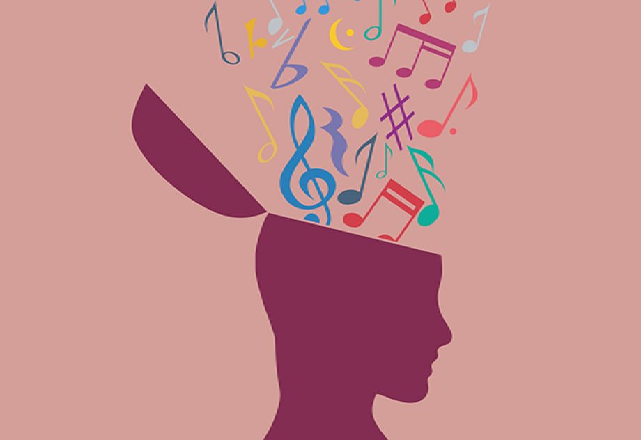 An illustration of musical notes flowing out of the silhouette of a head.