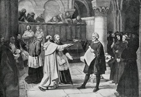 Engraving from 1894 showing Galileo Galilei at the Inquisition in 1633.