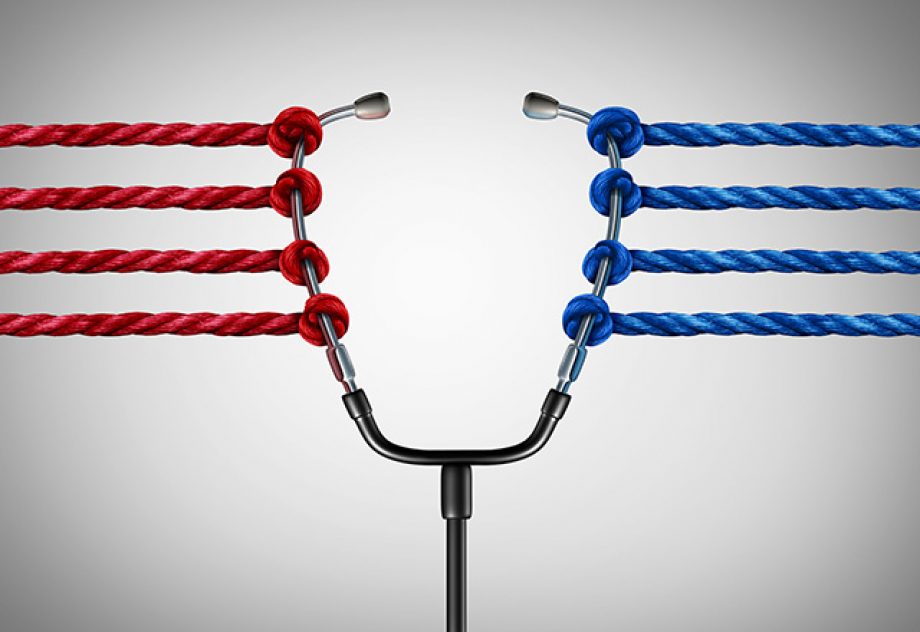 A stethoscope is pulled on either side by red and blue ropes, meant to representing medical politics.