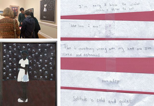 A collage of students looking at art, and pieces of paper with their written responses.