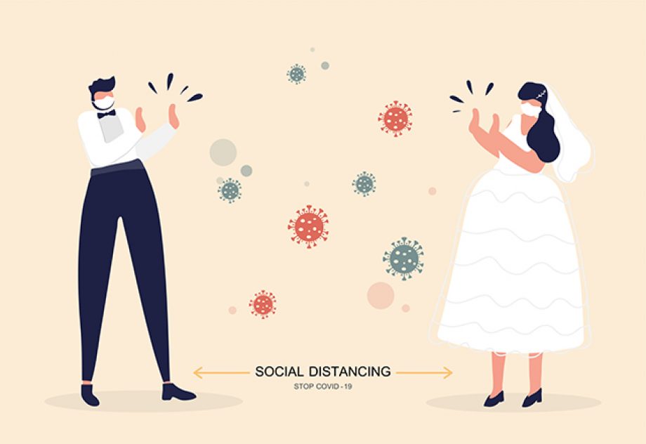An illustration of a bride and groom standing apart, with coronavirus cells in the space between them.