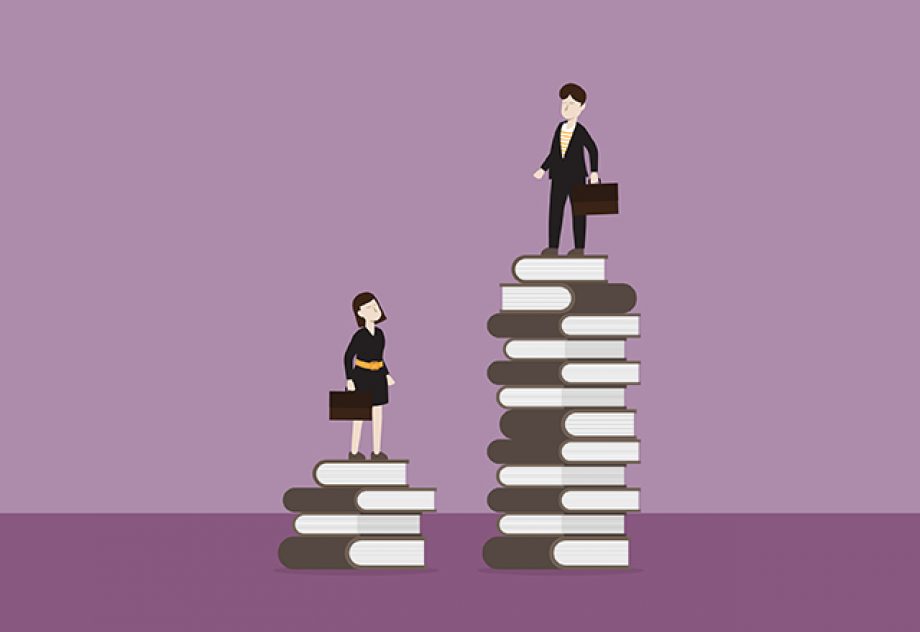Businessman standing on a stack of the book higher than a businesswoman on a shorter stack.
