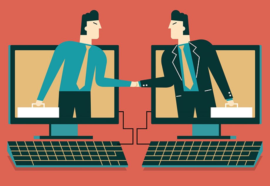 Illustration of two businessmen emerging from computer screens, shaking hands.
