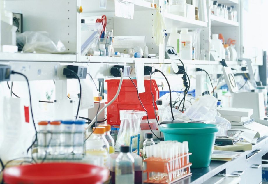 A lab counter is cluttered with various vials, buckets, and equipment.