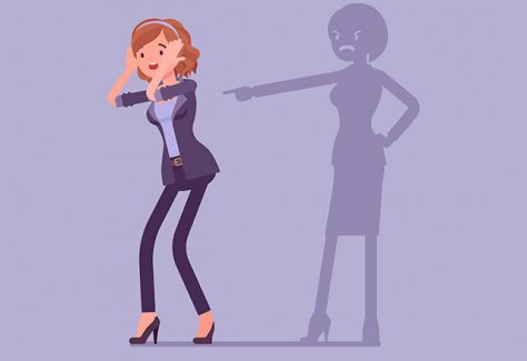 A cartoon illustration of a stressed woman cowering from her own foreboding shadow, in a representation of self-blame.
