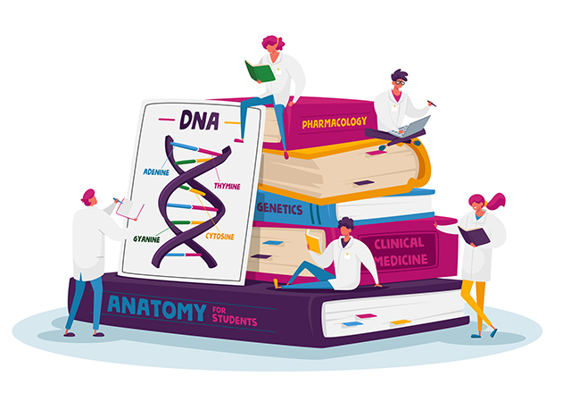 An illustration of medical interns studying while sitting atop a giant stack of books.