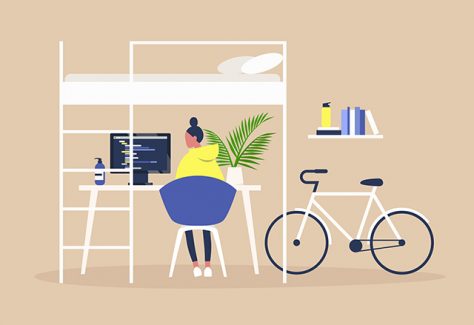 An illustration of a young woman working remotely in her apartment.