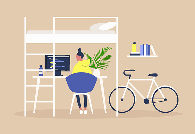 An illustration of a young woman working remotely in her apartment.