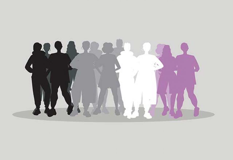 Silhouettes of individuals in the asexual pride flag colors.