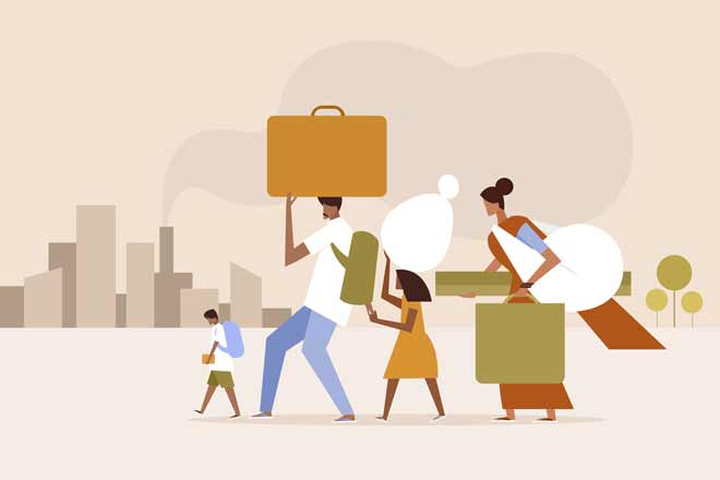 Illustration of a Indian rural family migrating to an industrial city in search of better prospect