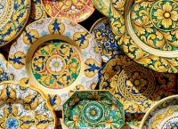 Typical ceramic products of Sicilian style in the old town of the historic village of Erice in Sicily, Italy