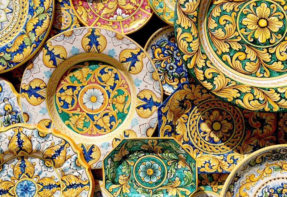 Typical ceramic products of Sicilian style in the old town of the historic village of Erice in Sicily, Italy