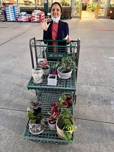 Puja's mom with a cart of plants.