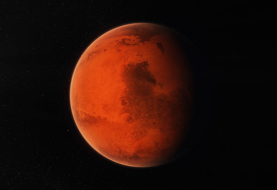 Front view of Mars the fourth planet from the Sun and the second-smallest planet in the Solar System