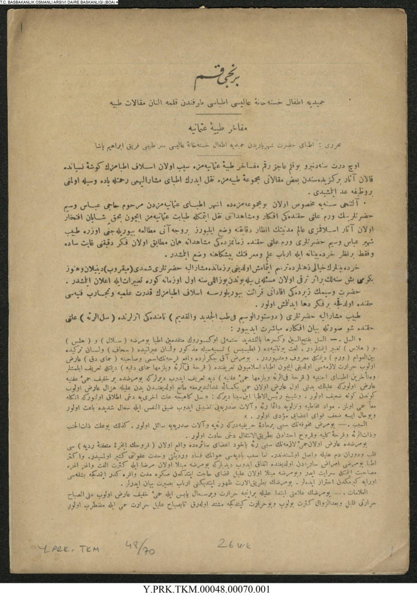 Official Document Establishing a Central Public Health Commission in the Ottoman Empire